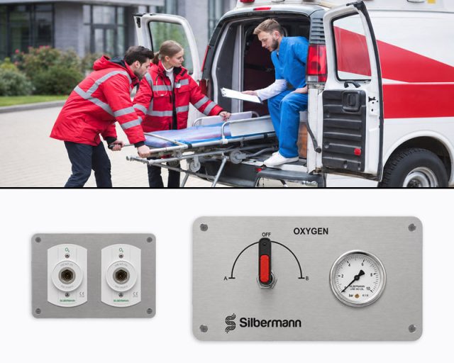 Paramedics loading a patient into an ambulance with a manual oxygen changeover system, oxygen outlets, and Dial flowmeter .components shown below.